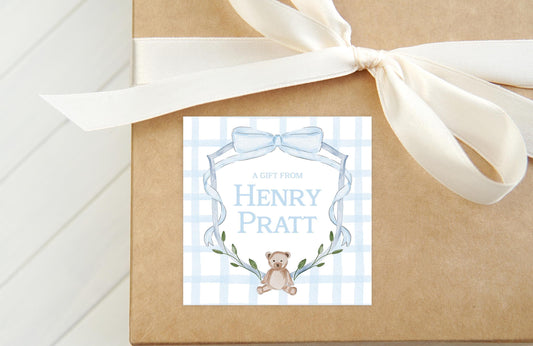Personalized Watercolor Gingham Crest Calling Card | Boy Teddy Bear Enclosure Card | Blue Bow Bear Gift Tag