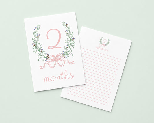 a white card with a pink floral design and the number "2" on it, along with the text " Months" written below. The card is placed next to a blank lined paper, suggesting it could be used for writing or note-taking.