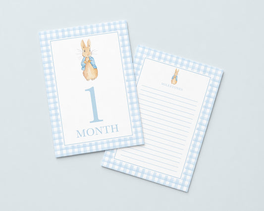 two baby milestone cards, each with a blue and white checkered border and a picture of a baby rabbit. The cards are placed on a light background.