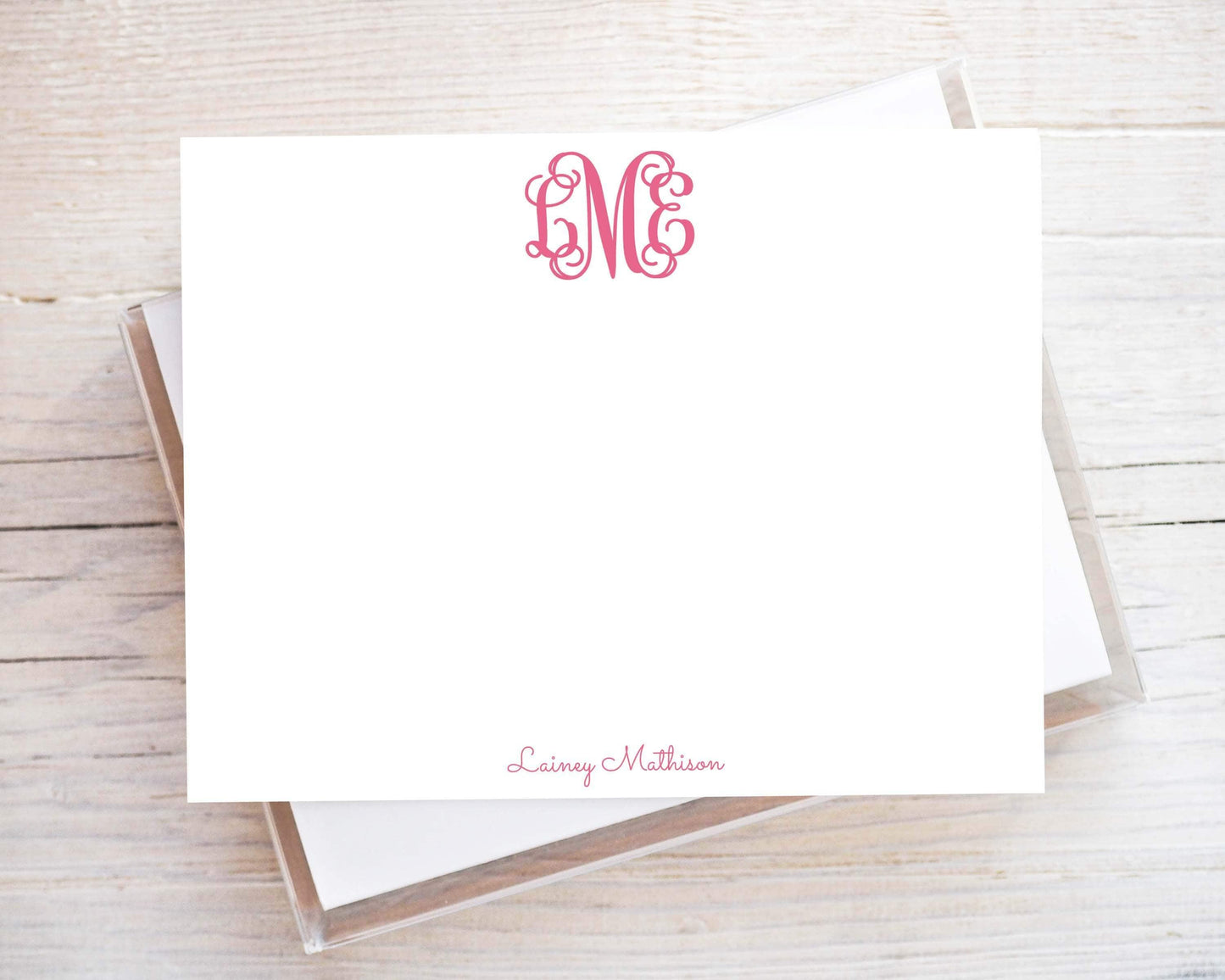 Personalized A2 Size Colorful Curls Script Monogram Stationery, Women Girl Initials Flat Notecard Set