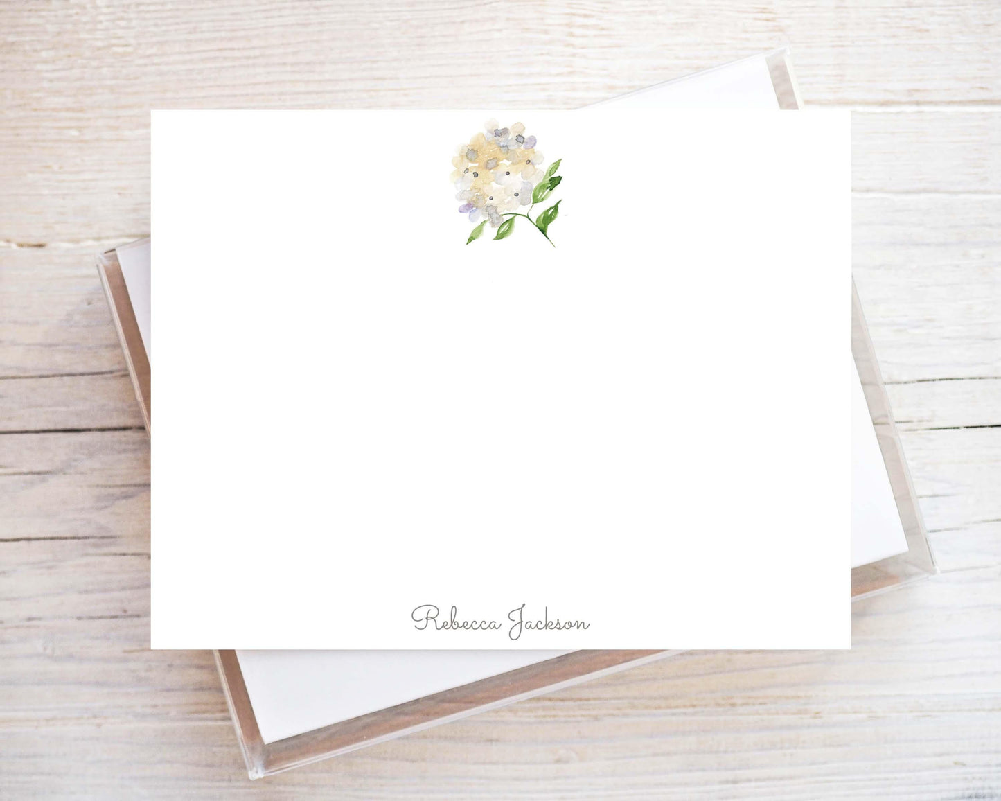 Personalized A2 Size Watercolor Green Yellow Hydrangea Stationery, Girl Floral Women Flat Notecard Set