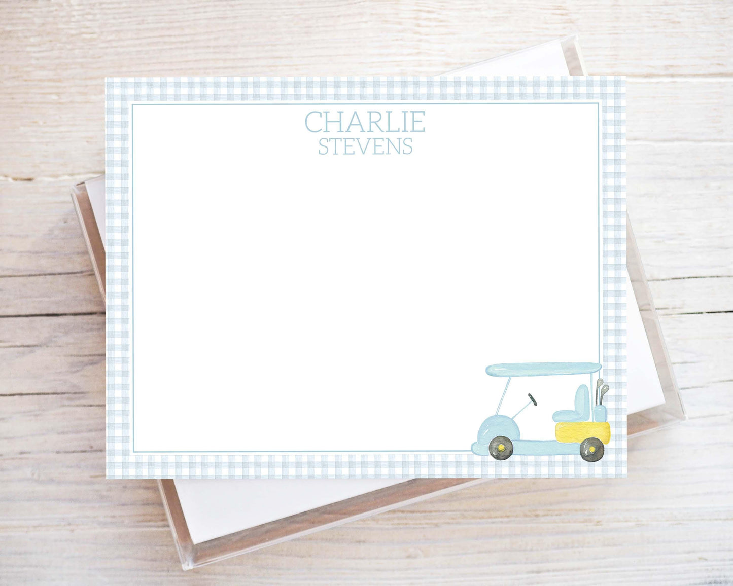 Personalized A2 Size Watercolor Blue Golf Cart Stationery, Boy Gingham Sports Flat Notecard Set