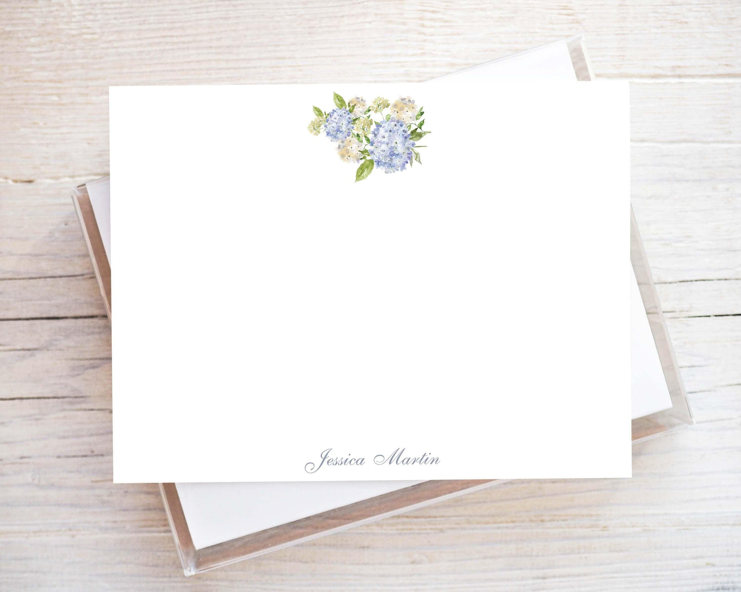 Personalized A2 Size Watercolor Green Blue Hydrangea Stationery, Floral Girl Women Flat Notecard Set