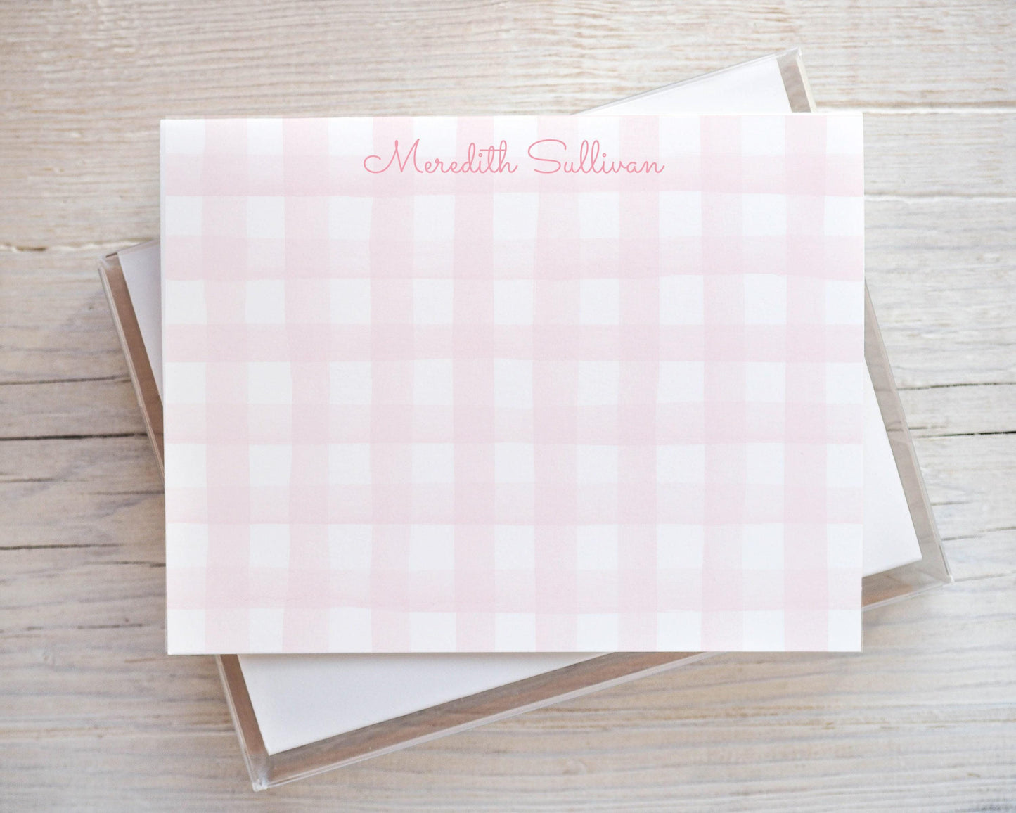 Personalized A2 Size Pink Watercolor Gingham Stationery, Colorful Girl Women Flat Notecard Set