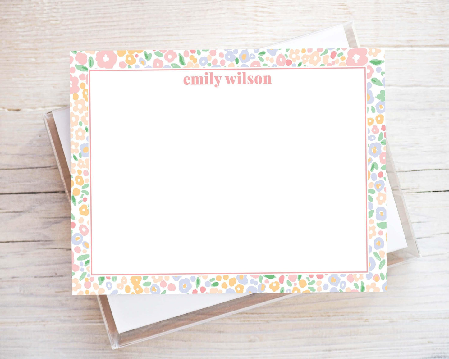 Personalized A2 Size Watercolor Pink Floral Stationery, Flower Girl Women Flat Notecard Set