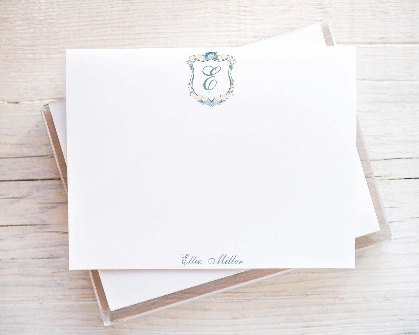 Personalized A2 Size Blue Monogram Hydrangea Crest Stationery, Family Women Initials Flat Notecard Set