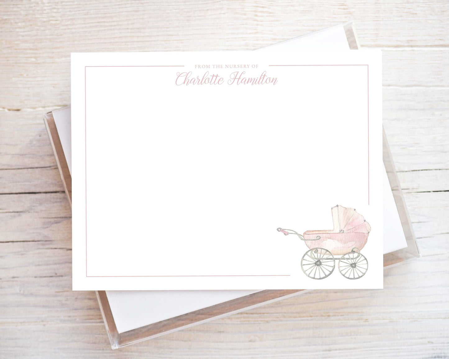 Personalized A2 Size Watercolor Baby Carriage Stationery, Pink Newborn Girl Flat Notecard Set