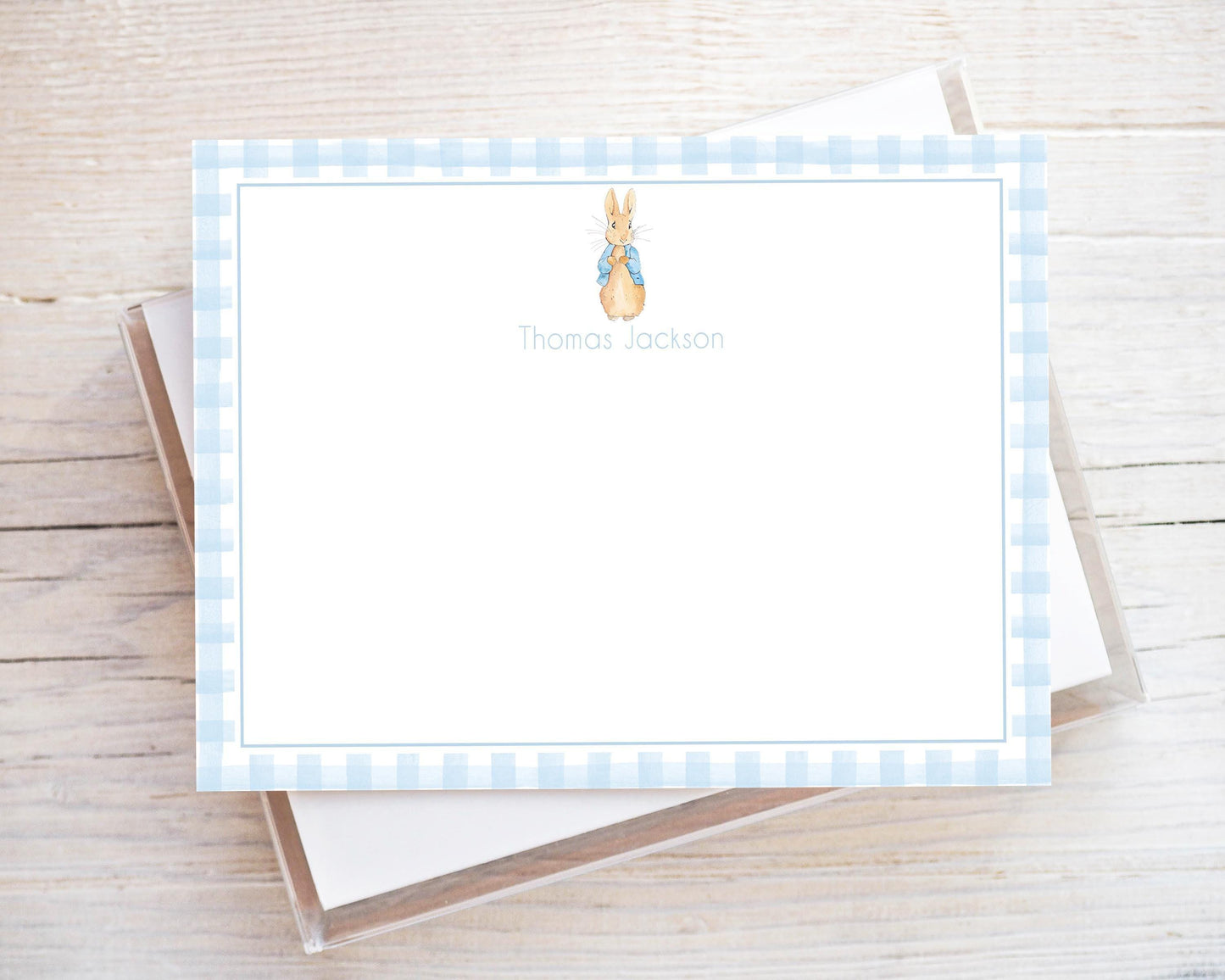 Personalized A2 Size Watercolor Peter Rabbit Stationery, Baby Boy Bunny Flat Notecard Set