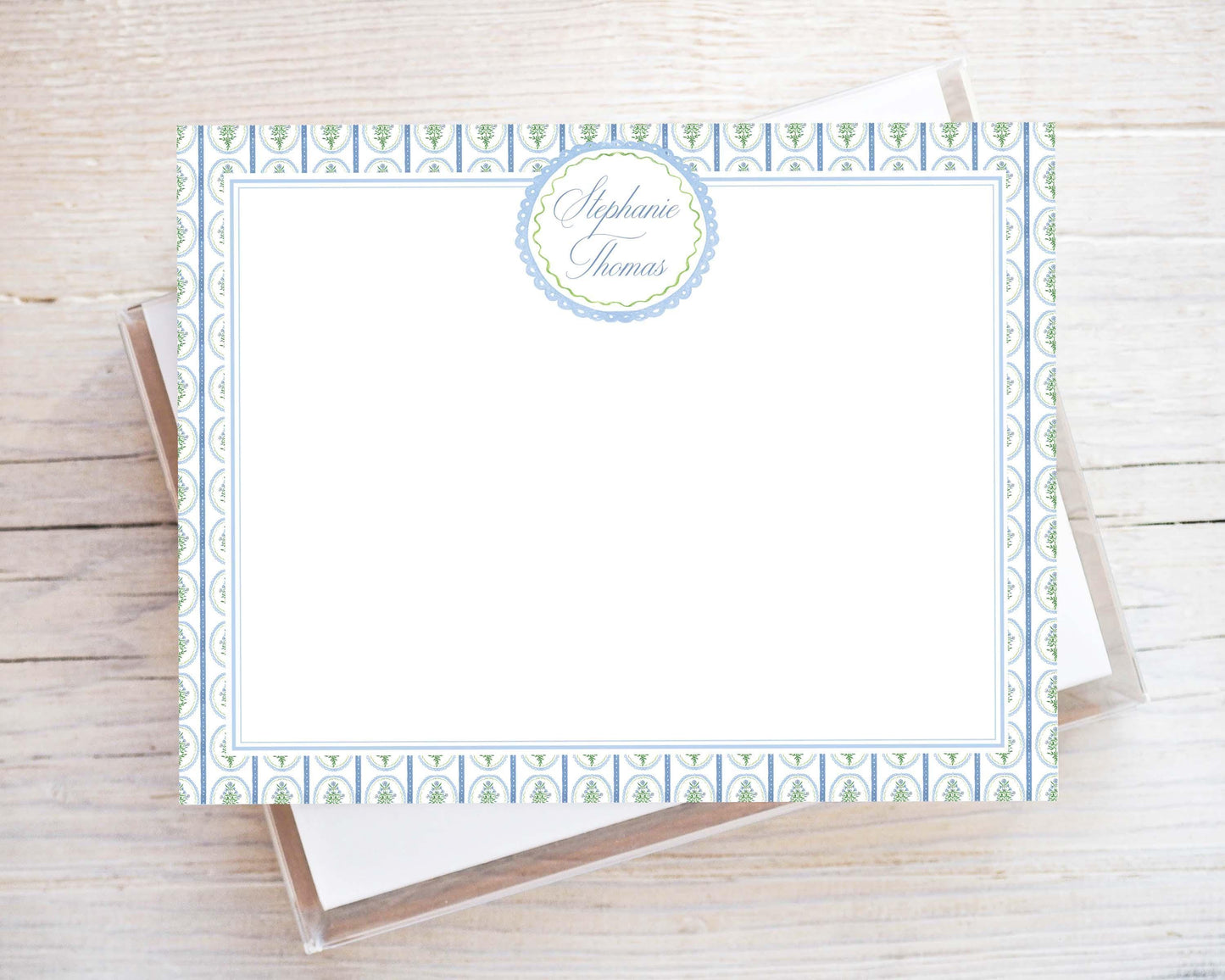 Personalized A2 Size Watercolor Floral Greenery Stationery, Women Blue Green Flat Notecard Set