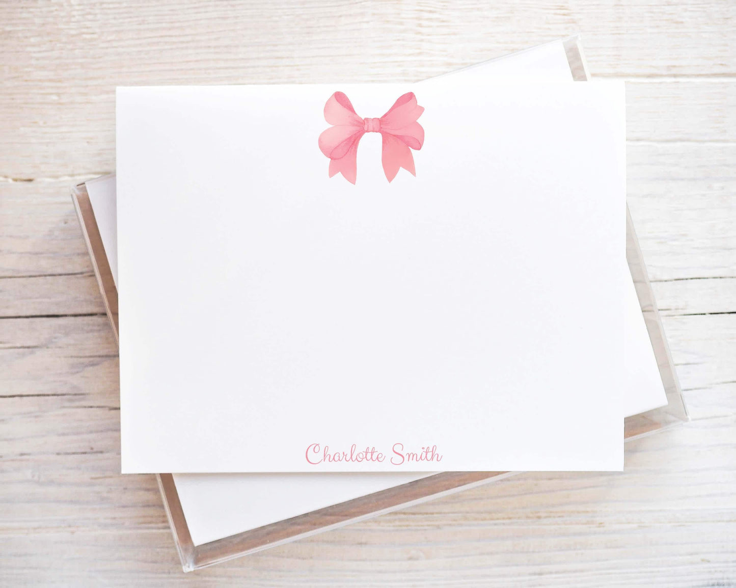 Personalized A2 Size Watercolor Pink Bow Flat Notecard Set, Baby Newborn Girl Stationery