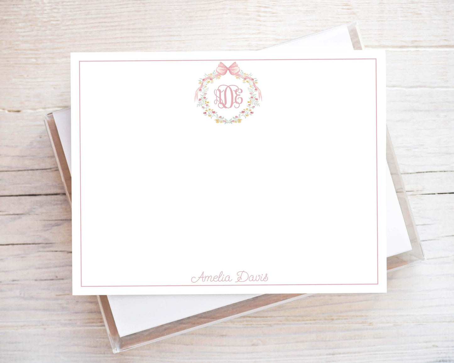 Personalized A2 Size Monogram Bow Crest Flat Notecard Set, Pink Floral Women Girl Initial Stationery