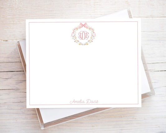 Personalized A2 Size Monogram Bow Crest Flat Notecard Set, Pink Floral Women Girl Initial Stationery
