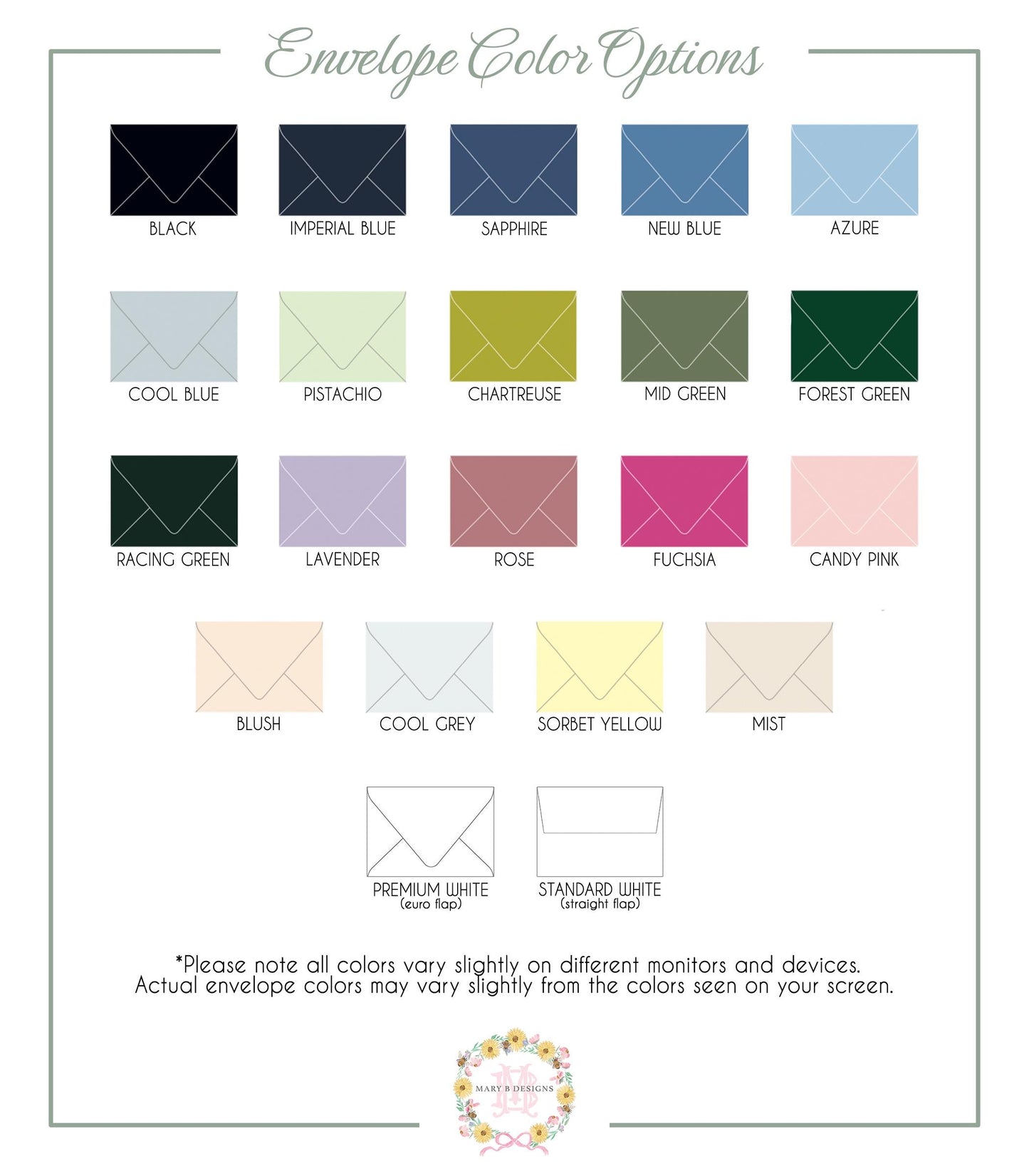 a collection of envelope color options, including black, imperial blue, sapphire, new blue, azure, cool blue, pistachio, chartreuse, mid green, forest green, lavender, rose, fuchsia, candy pink, racing green, mint, and various other colors.