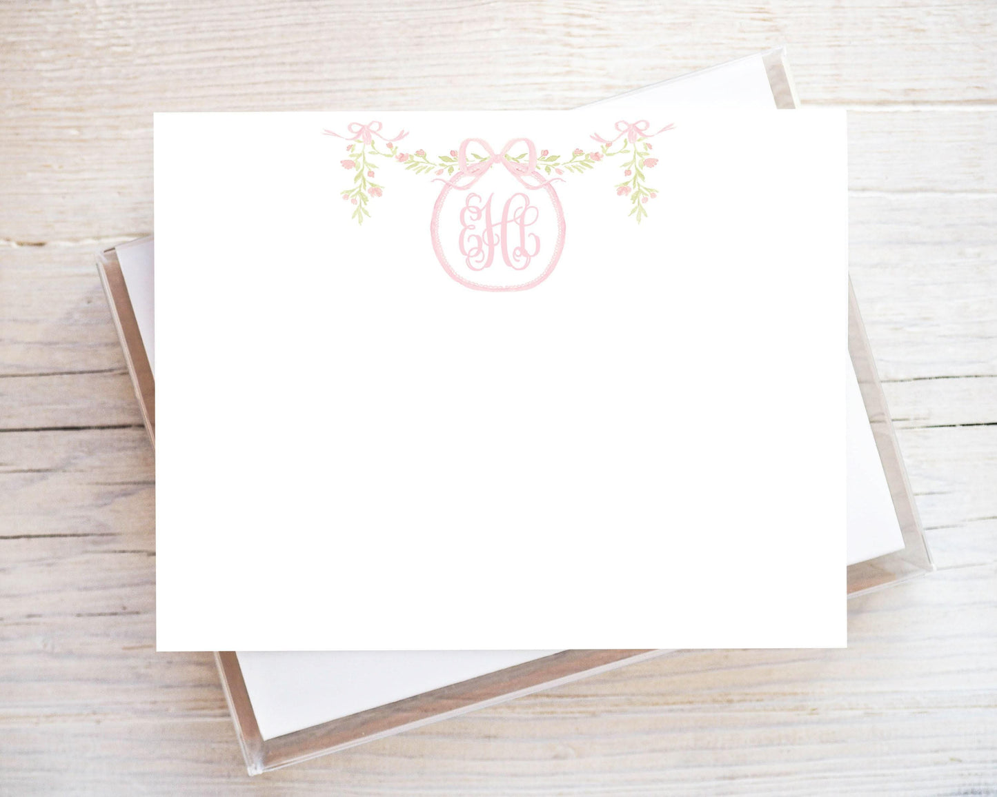 Personalized A2 Size Monogram Pink Bow Wreath Flat Notecard Set, Baby Girl Initials Stationery