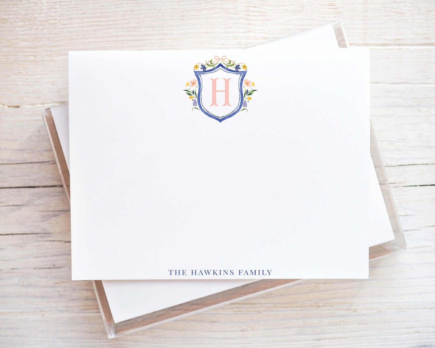 Personalized A2 Size Monogram Blue Pink Crest Stationery, Family Women Flat Notecard Set