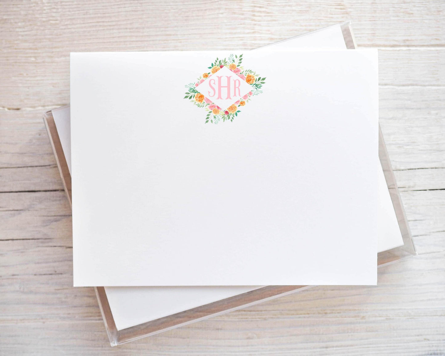 Personalized A2 Size Monogram Floral Notecard Set, Pink Flowers Initials Girl Stationery