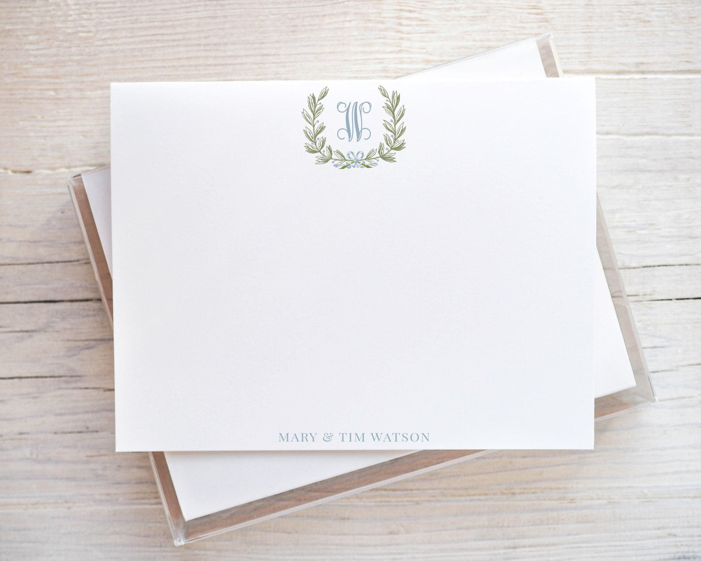 Personalized A2 Size Blue Monogram Laurel Wreath Stationery, Family Women Girl Flat Notecard Set