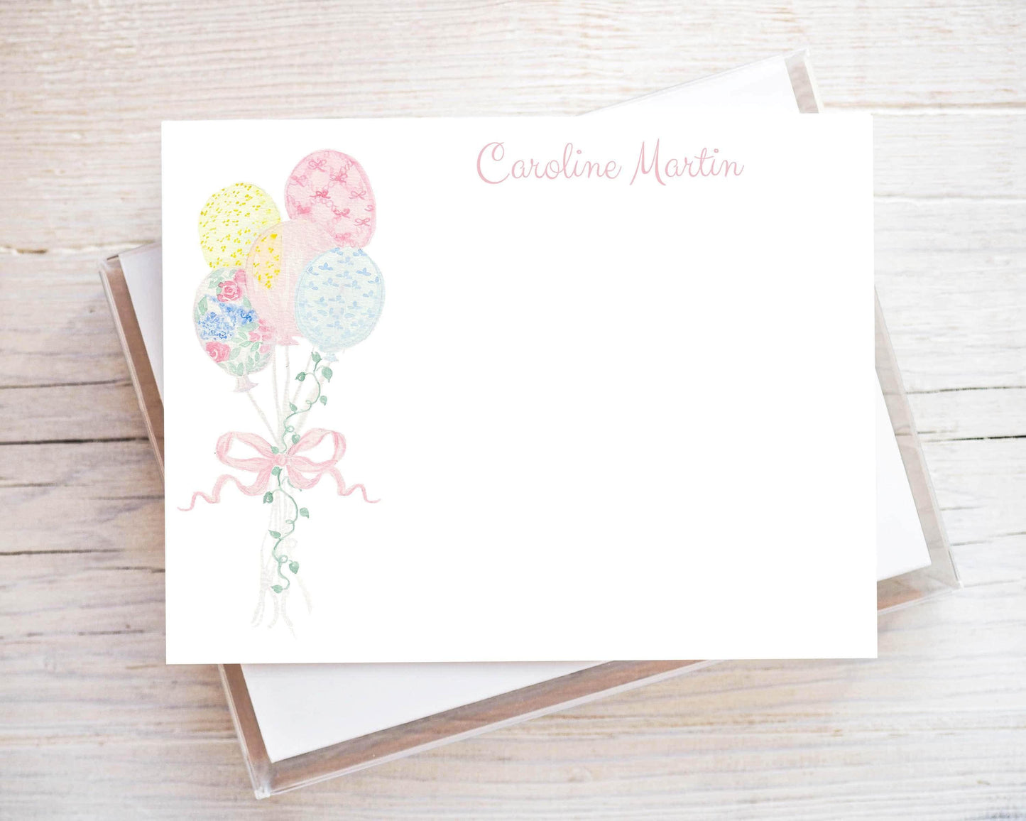 Personalized A2 Size Watercolor Happy Birthday Balloon Flat Notecard Set, Party Kid Girl Stationery