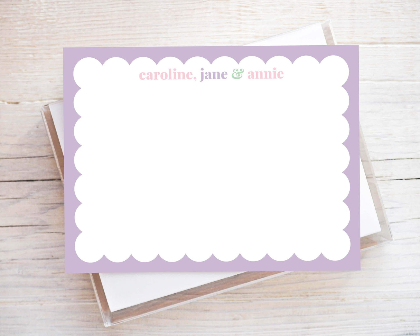 Personalized A2 Size Colorful Girl Sibling Scalloped Stationery, Scallop Border Flat Notecard Set