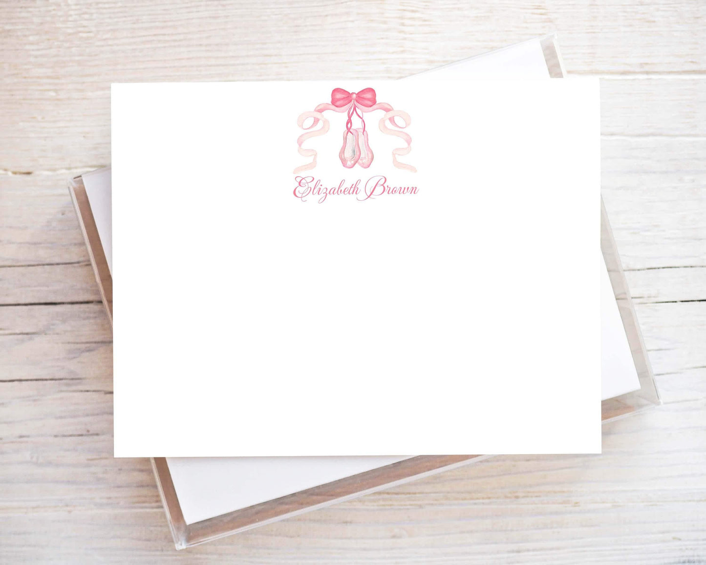 Personalized A2 Size Watercolor Girl Ballerina Shoes Notecard Set, Newborn Ballet Stationery