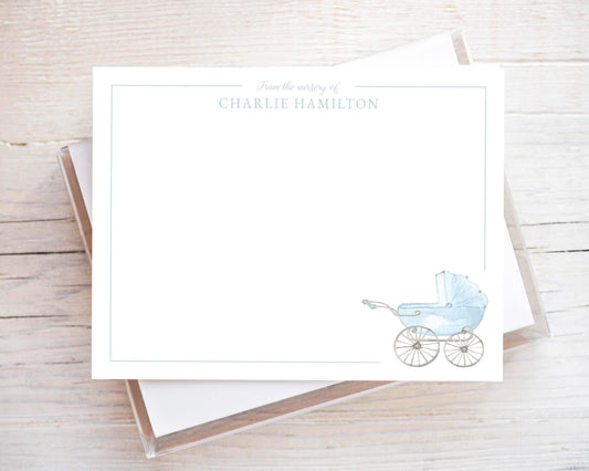 Personalized A2 Size Watercolor Blue Baby Carriage Stationery, Newborn Boy Flat Notecard Set