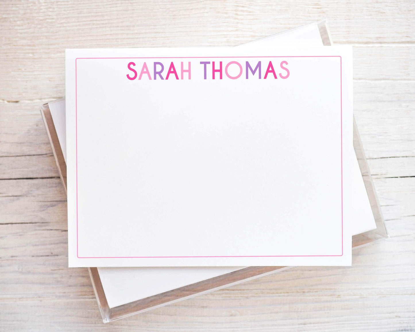 Personalized A2 Size Colorful Girl Stationery, Pink Purple Name Kid Flat Notecard Set