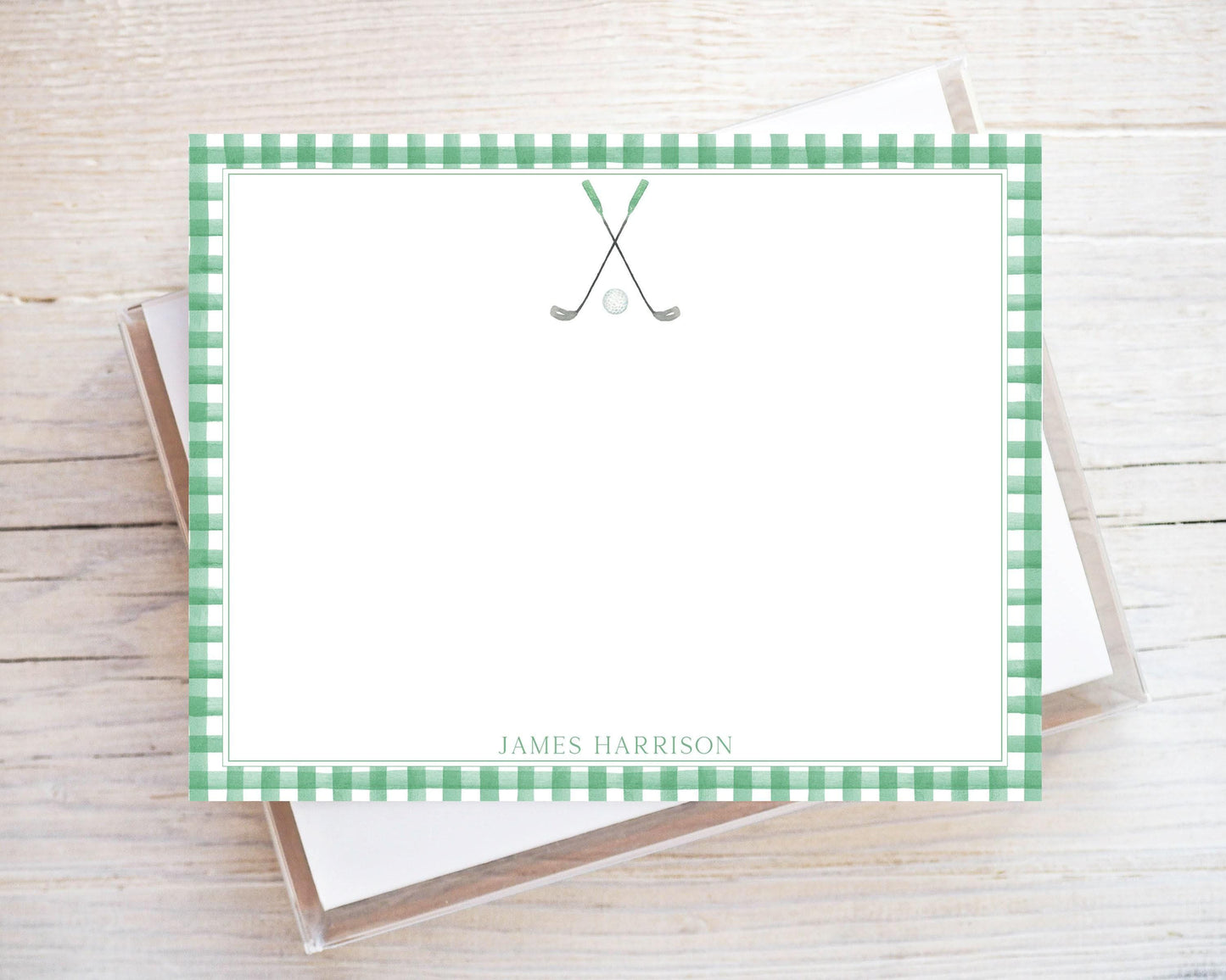 Personalized A2 Size Watercolor Green Gingham Golf Stationery, Boy Sports Flat Notecard Set