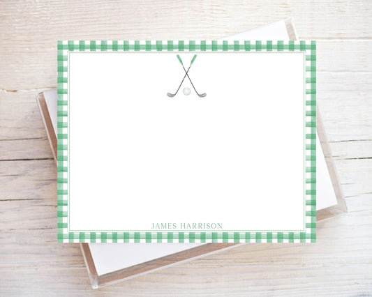 Personalized A2 Size Watercolor Green Gingham Golf Stationery, Boy Sports Flat Notecard Set