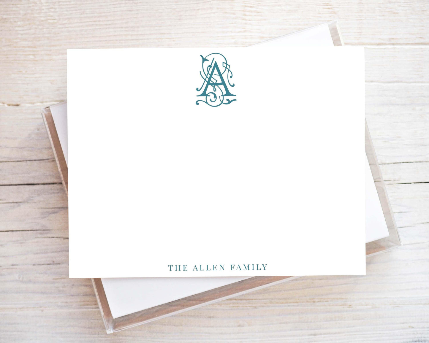 Personalized A2 Size Script Single Monogram Stationery, Colorful Family Initial Flat Notecard Set