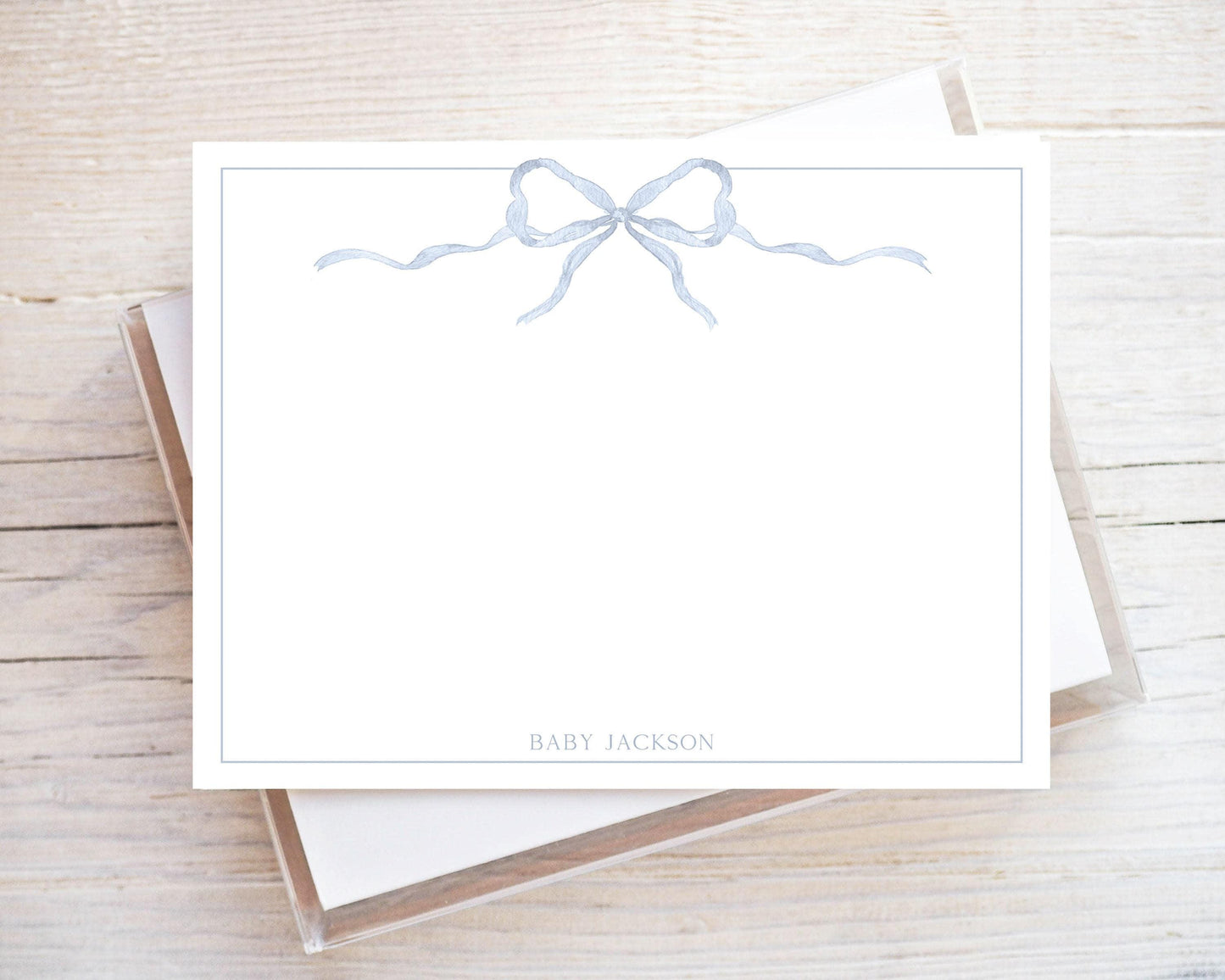 Personalized A2 Size Watercolor Blue Bow Flat Notecard Set, Baby Boy Custom Stationery
