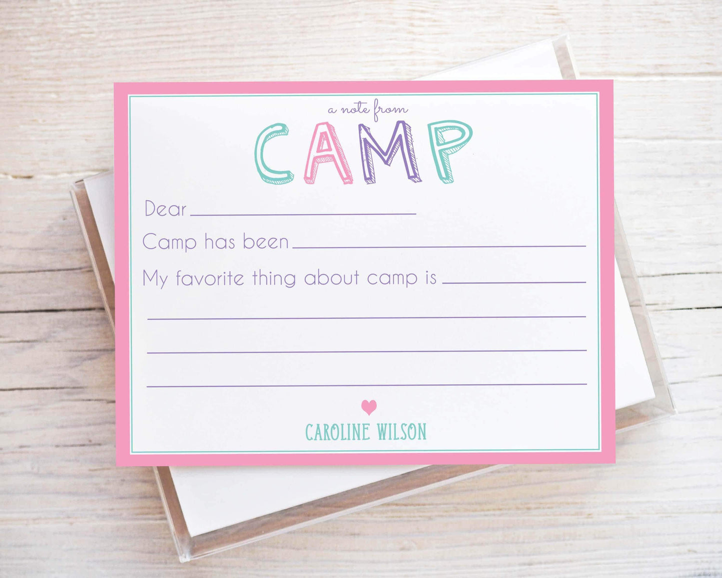 Personalized A2 Size Girl Camp Notes Stationery, Colorful Pink Summer Camp Flat Notecard Set