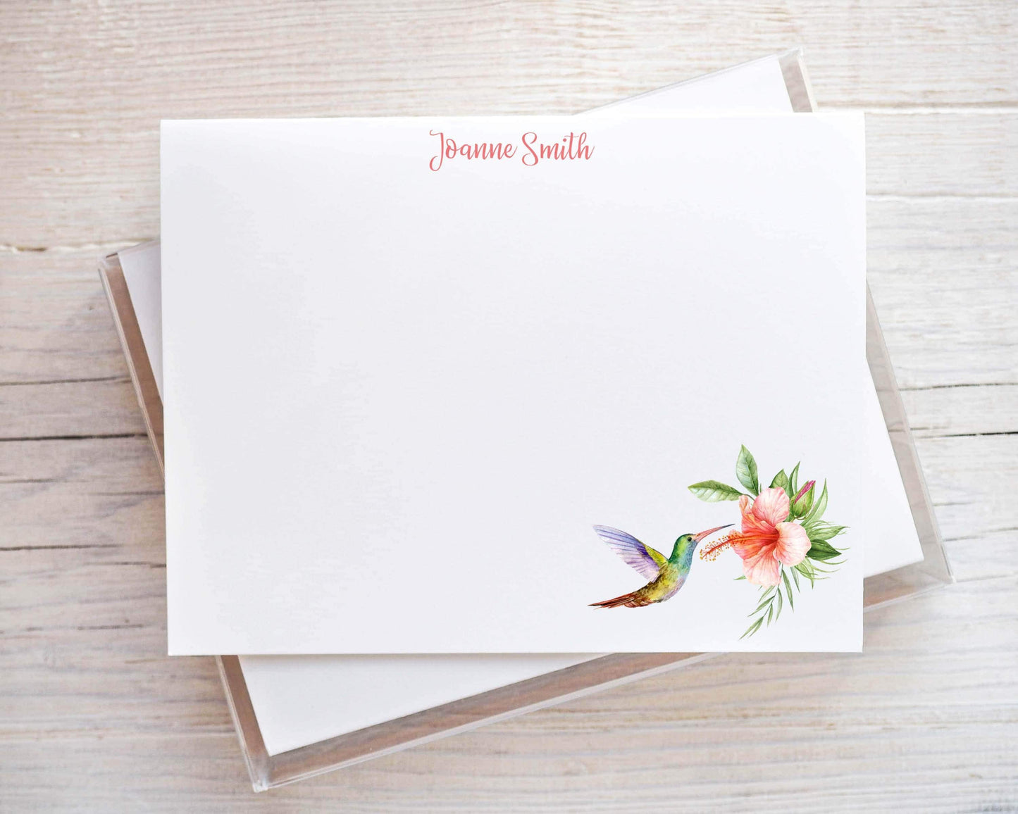 Personalized A2 Size Watercolor Hummingbird Flat Notecard Set, Floral Women Girl Stationery