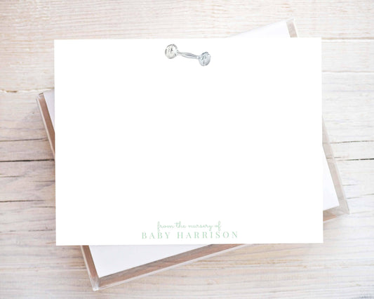 Personalized A2 Size Blue Baby Rattle Stationery, Newborn Boy Flat Notecard Set