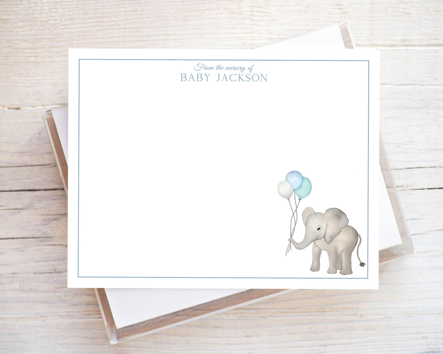 Personalized A2 Size Watercolor Blue Boy Elephant Stationery, Newborn Baby Flat Notecard Set