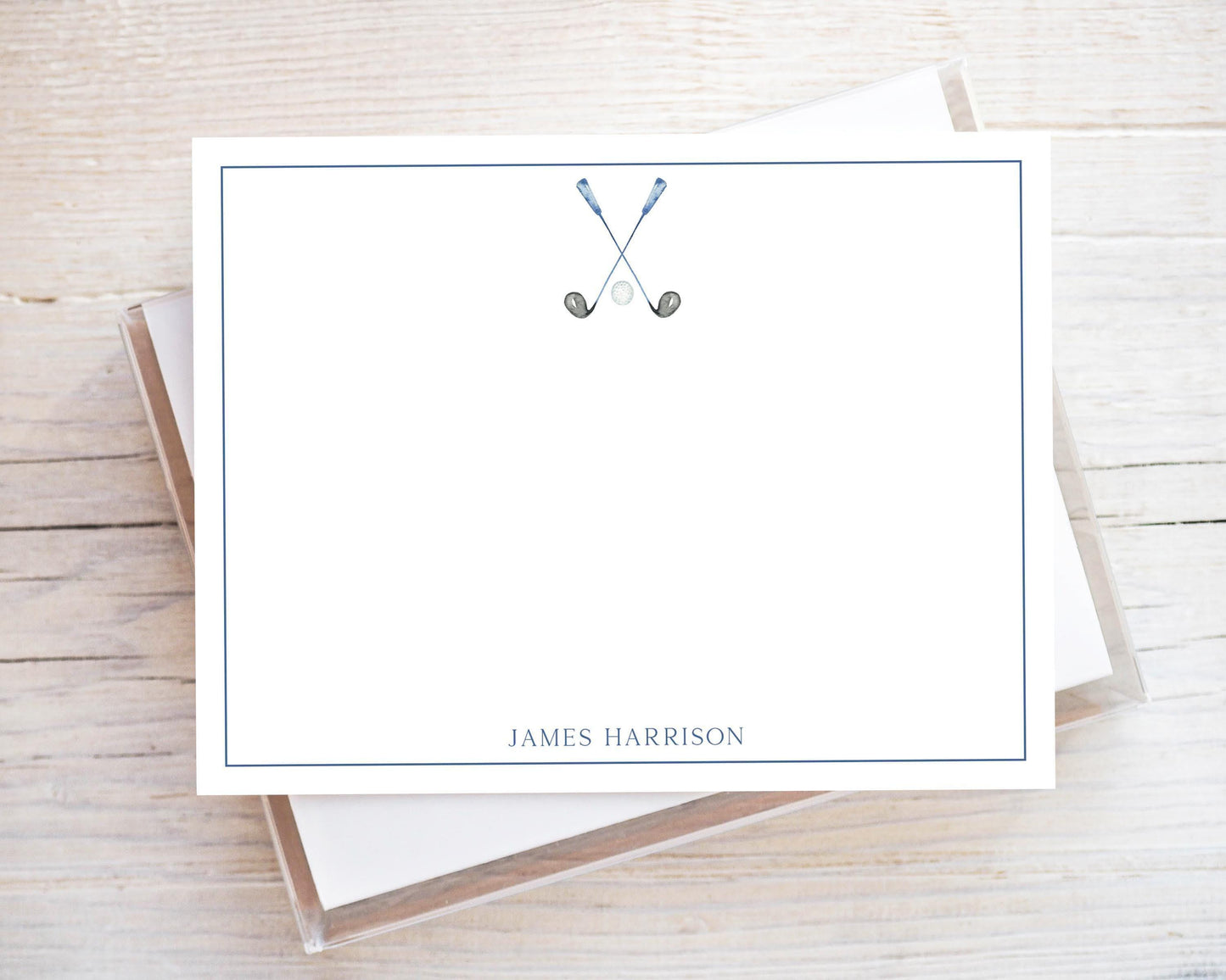 Personalized A2 Size Watercolor Blue Golf Club Stationery, Boy Sports Flat Notecard Set