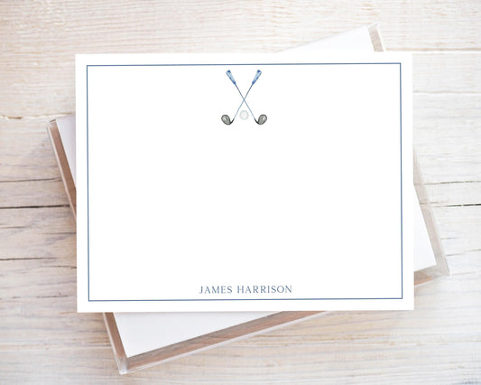 Personalized A2 Size Watercolor Blue Golf Club Stationery, Boy Sports Flat Notecard Set
