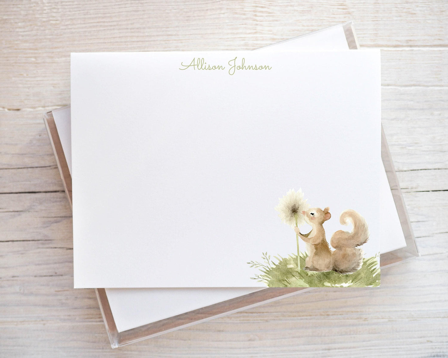 Personalized A2 Size Watercolor Squirrel Stationery, Floral Greenery Women Flat Notecard Set