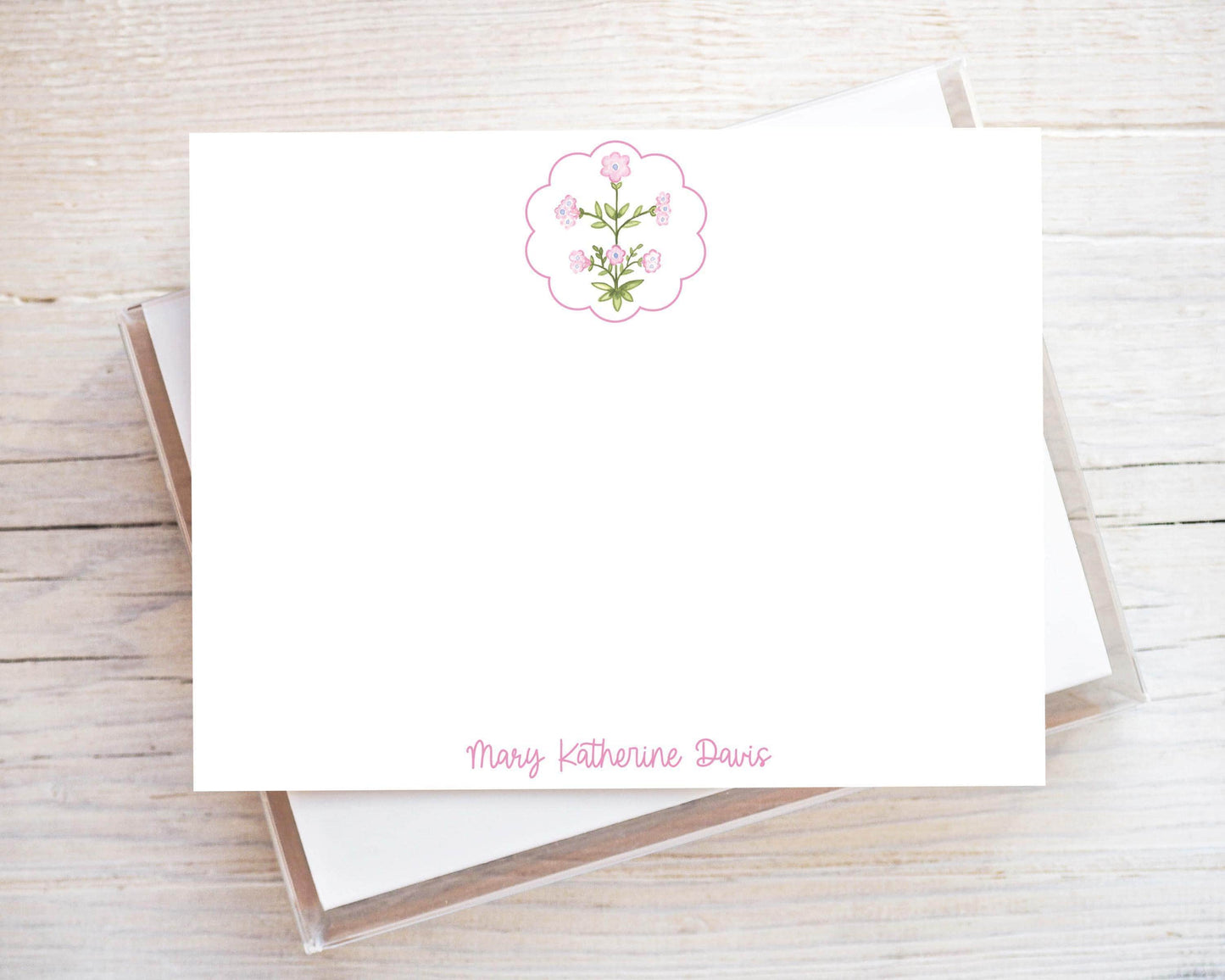 Personalized A2 Size Watercolor Scallop Flowers Stationery, Women Girl Floral Flat Notecard Set