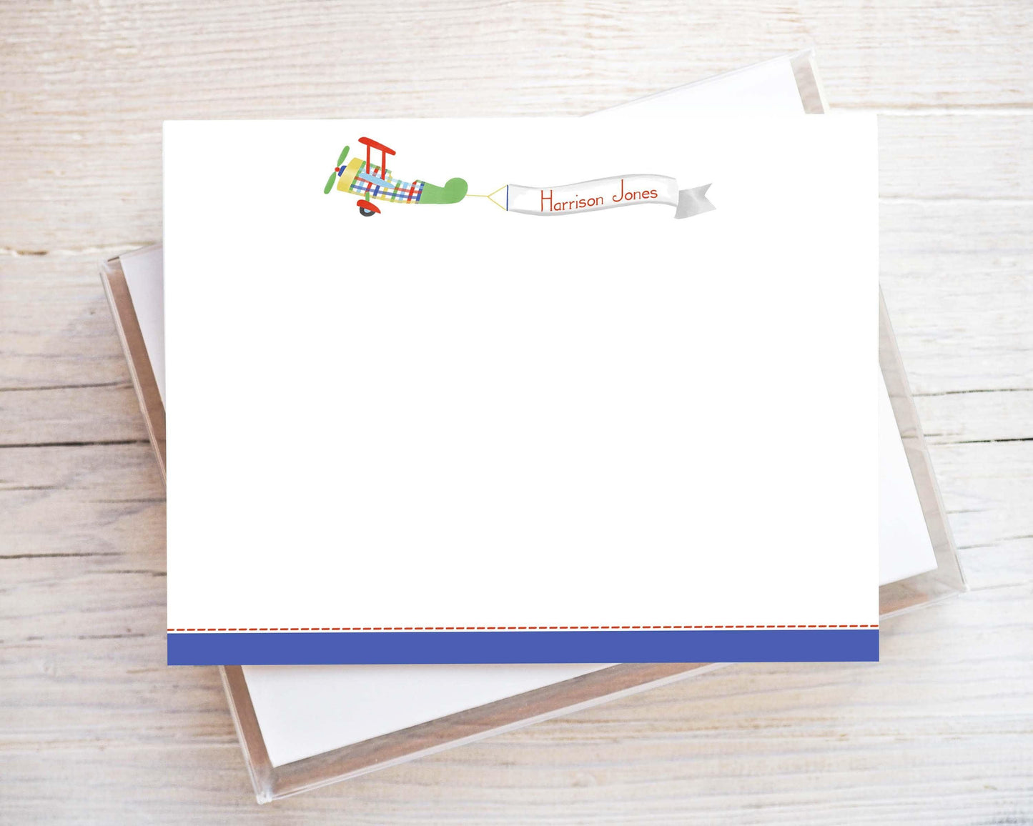 Personalized A2 Size Watercolor Airplane Stationery, Boy Red Blue Plane Flat Notecard Set