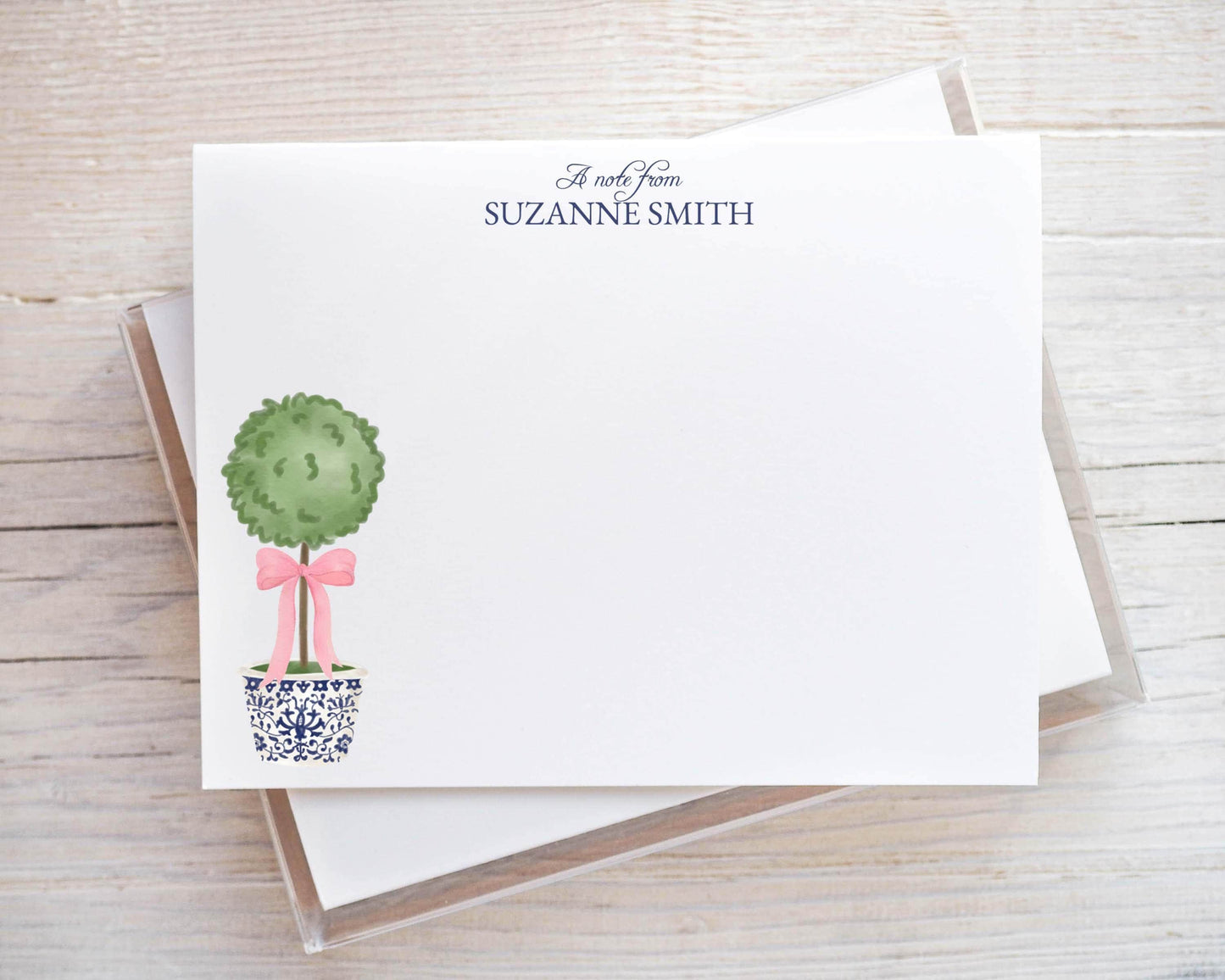 Personalized A2 Size Topiary Pink Bow Greenery Stationery, Women Girl Flat Notecard Set