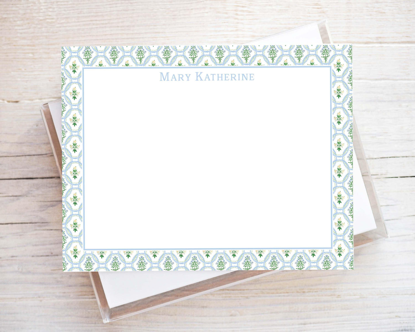 Personalized A2 Size Watercolor Greenery Stationery, Girl Floral Flat Notecard Set