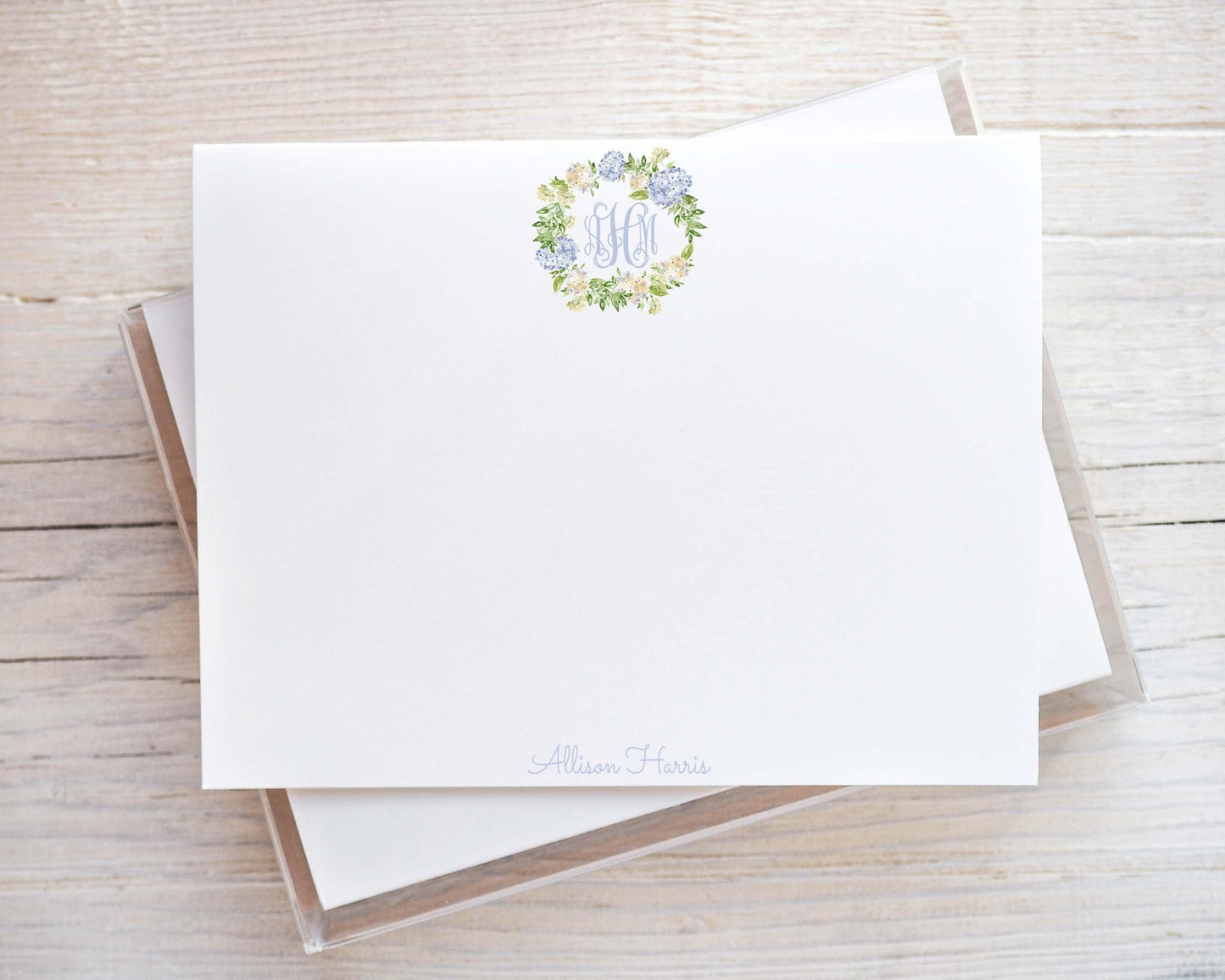 Personalized A2 Size Watercolor Hydrangea Monogram Wreath Stationery, Women Girl Flat Notecard Set