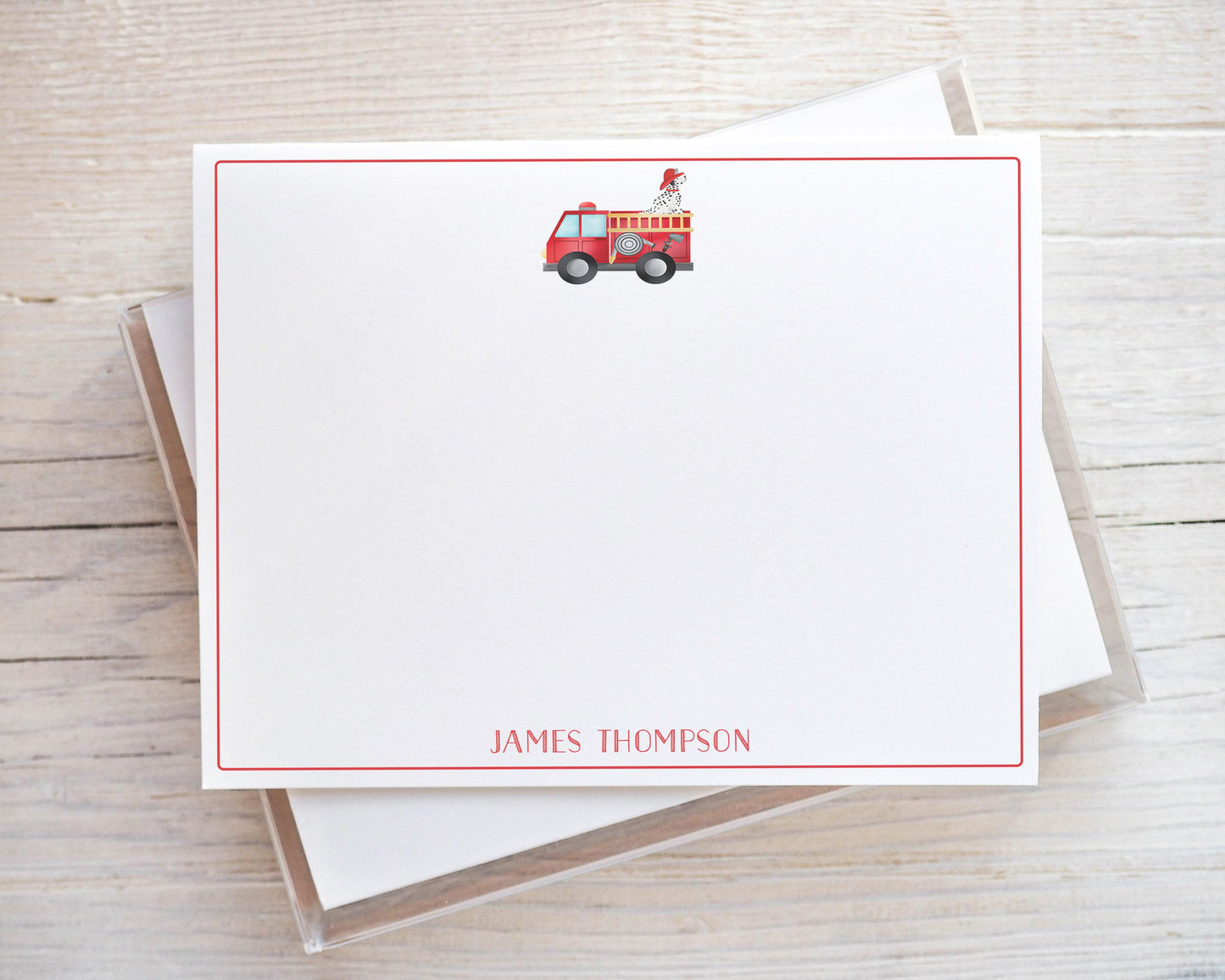 Personalized A2 Size Red Firetruck Stationery, Boy Fireman Dalmatian Flat Notecard Set