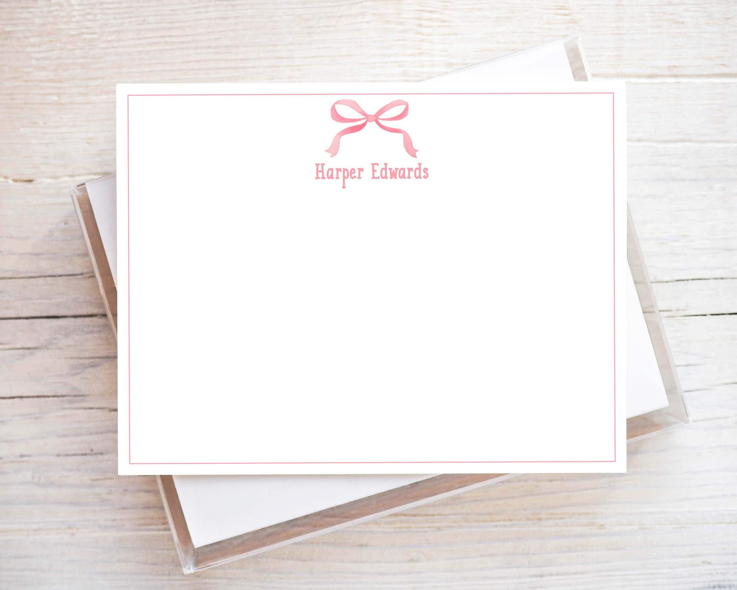 Personalized A2 Size Watercolor Pink Bow Flat Notecard Set, Baby Girl Kid Stationery