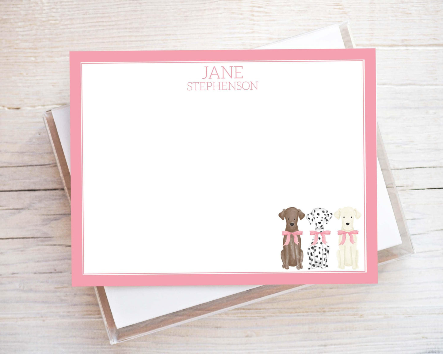 Personalized A2 Size Watercolor Pink Bow Dog Stationery, Puppy Girl Flat Notecard Set