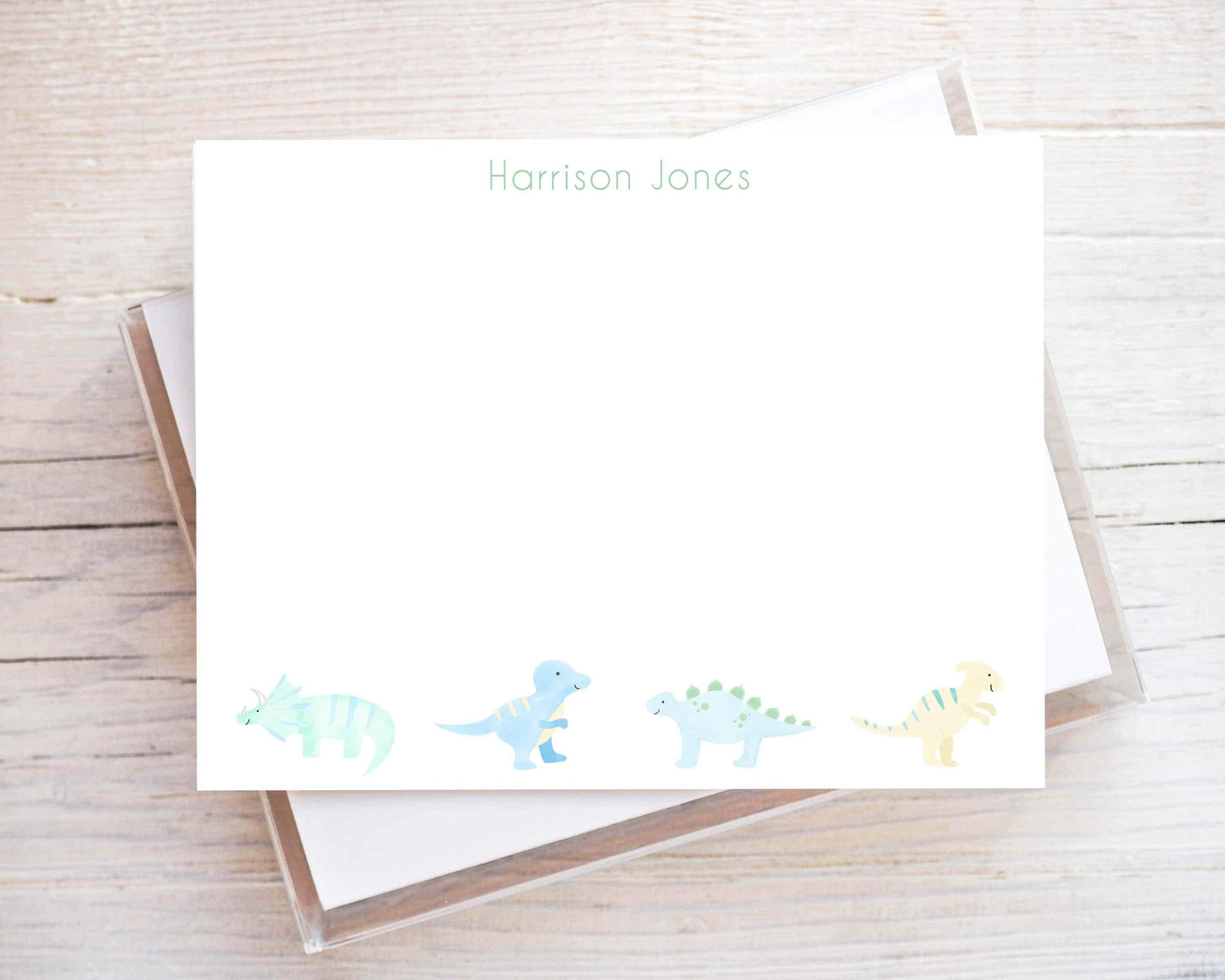 Personalized A2 Size Watercolor Dinosaur Stationery, Boy Blue Dino Flat Notecard Set