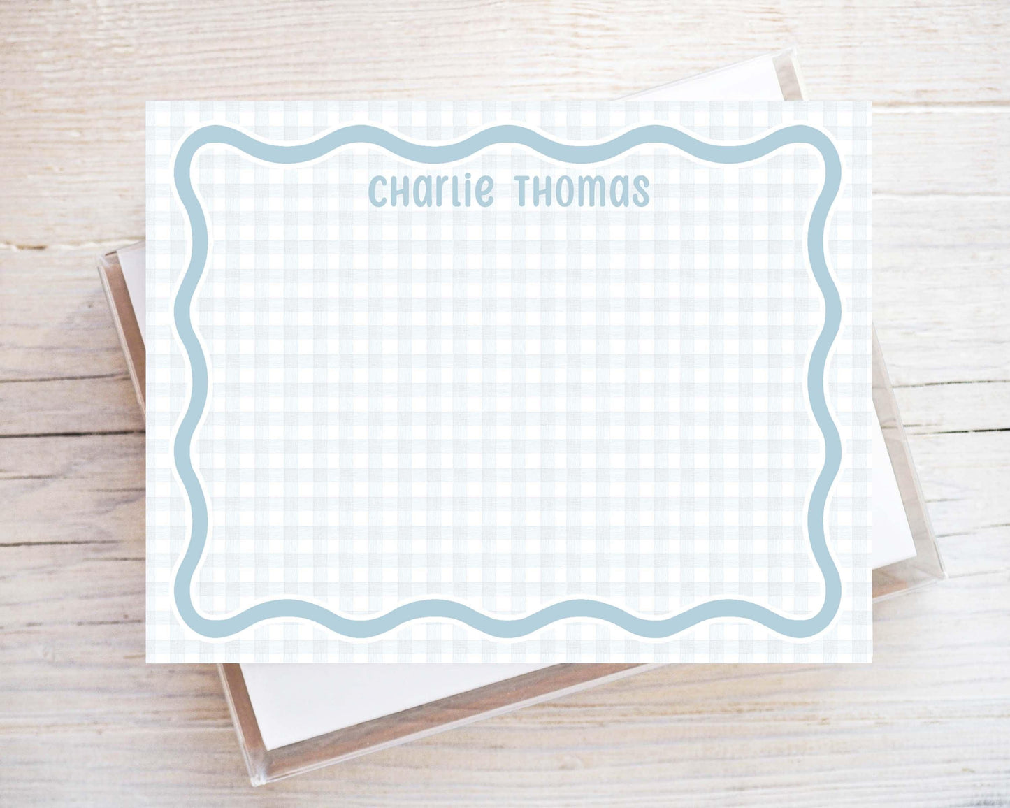 Personalized A2 Size Gingham Wavy Border Stationery, Blue Baby Boy Flat Notecard Set
