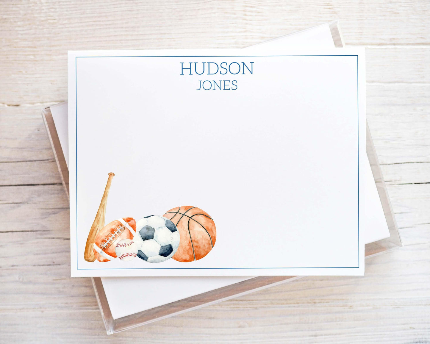 Personalized A2 Size Watercolor Sports Stationery, Boy Baseball Football Basketball Flat Notecard Set