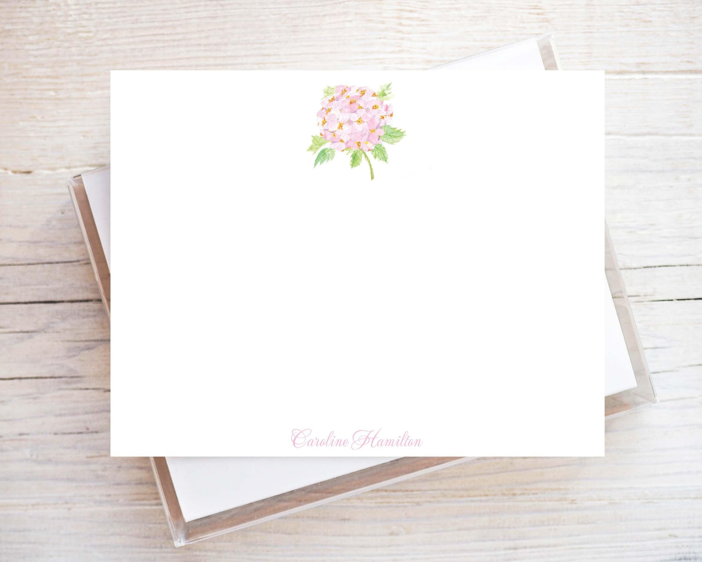 Personalized A2 Size Watercolor Pink Hydrangea Stationery, Floral Women Girl Flat Notecard Set