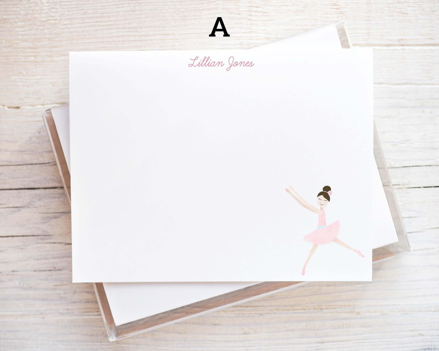 Personalized A2 Size Watercolor Ballerina Little Girl Notecard Set, Pink Baby Stationery
